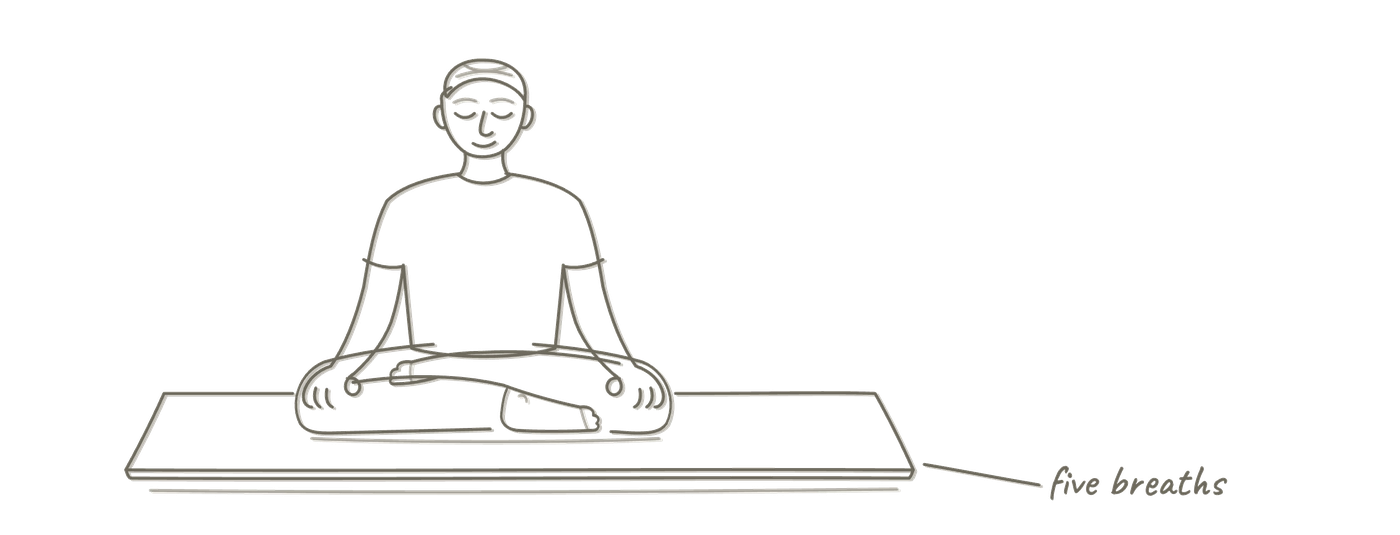 Line drawing of a man seated cross-legged on a yoga mat, eyes closed, hands resting on his knees.
